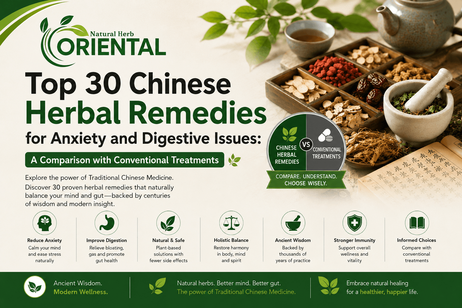 Top 30 Chinese Herbal Remedies for Anxiety and Digestive Issues: A Comparison with Conventional Treatments
